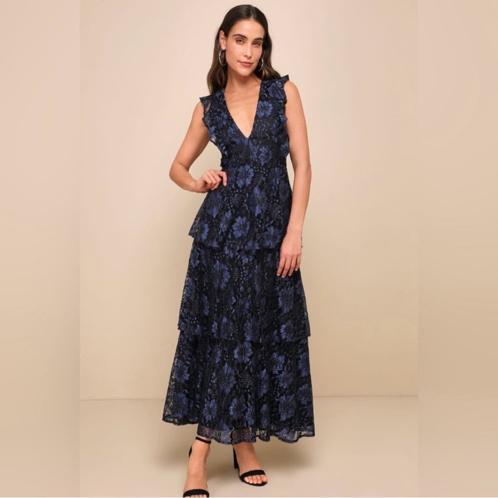 Lulu's Elegant Black and Blue Lace Maxi Dress